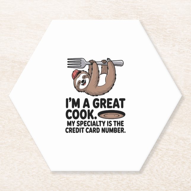 Funny Sloth Cook Hanging on a Fork Paper Coaster (Front)