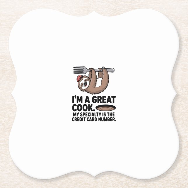 Funny Sloth Cook Hanging on a Fork Paper Coaster (Front)