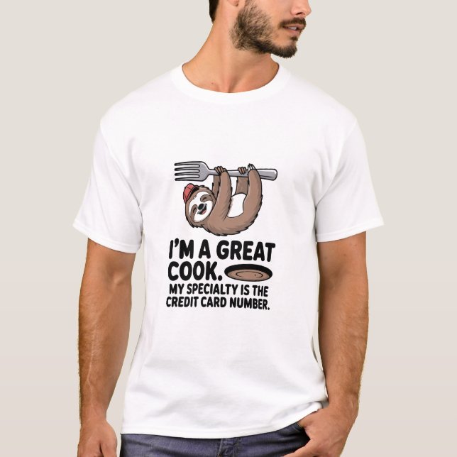 Funny Sloth Cook Hanging on a Fork T-Shirt (Front)