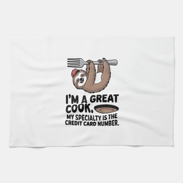 Funny Sloth Cook Hanging on a Fork Tea Towel (Horizontal)