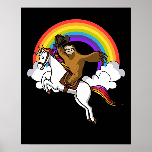 Funny Sloth Cowboy Riding Magical Unicorn Rainbow Poster (Front)