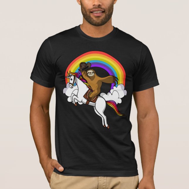 Funny Sloth Cowboy Riding Magical Unicorn Rainbow T-Shirt (Front)