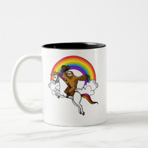 Funny Sloth Cowboy Riding Magical Unicorn Rainbow Two-Tone Coffee Mug