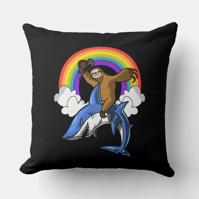 Funny Sloth Cowboy Riding Ocean Shark Rainbow Cushion (Front)
