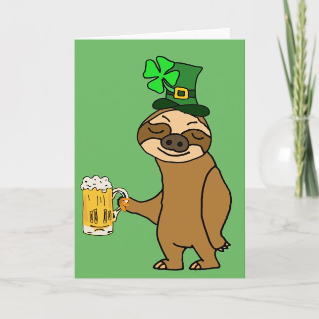 Funny Sloth Drinking Beer St. Patrick's Day Art Card (Front)
