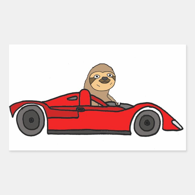 Funny Sloth Driving Race Car Cartoon Rectangular Sticker (Front)
