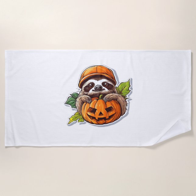Funny Sloth eating Pizza, Kawaii Animal Lover Clas Beach Towel (Front)