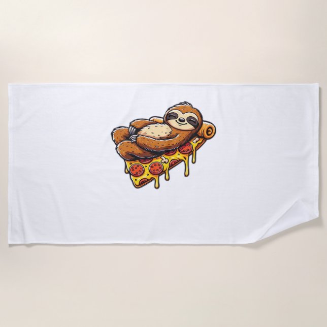 Funny Sloth eating Pizza, Kawaii Animal Lover Clas Beach Towel (Front)