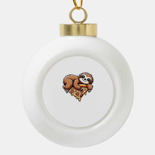 Funny Sloth eating Pizza, Kawaii Animal Lover Clas Ceramic Ball Christmas Ornament (Front)