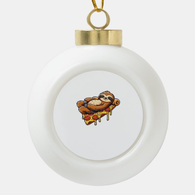 Funny Sloth eating Pizza, Kawaii Animal Lover Clas Ceramic Ball Christmas Ornament (Front)