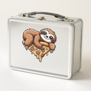 Funny Sloth eating Pizza, Kawaii Animal Lover Clas Metal Lunch Box