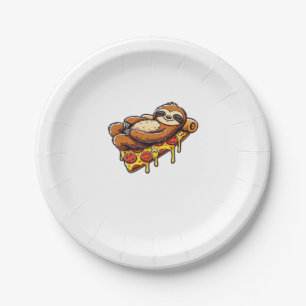 Funny Sloth eating Pizza, Kawaii Animal Lover Clas Paper Plate