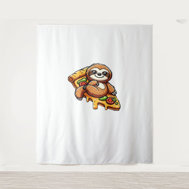 Funny Sloth eating Pizza, Kawaii Animal Lover Clas Tapestry (Front)