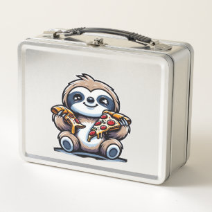Funny Sloth eating Pizza, Kawaii Animal Lover Over Metal Lunch Box