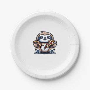 Funny Sloth eating Pizza, Kawaii Animal Lover Over Paper Plate