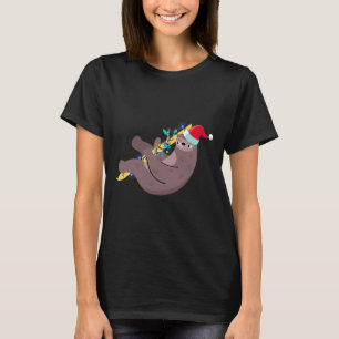 Funny Sloth Hawaiian Xmas Lights Santa Hat Christm T-Shirt