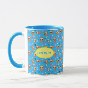 Funny Sloth Hearts Floral Blue Pattern   Add Name Mug