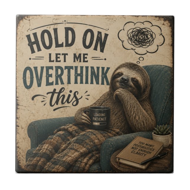 Funny Sloth Hold On Let Me Overthink This | Rustic Ceramic Tile (Front)