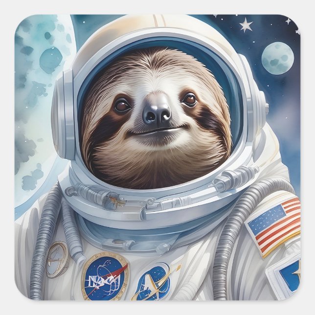 Funny Sloth in Astronaut Suit in Outer Space Square Sticker (Front)