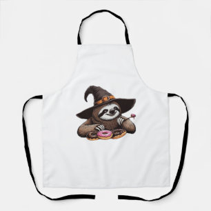 Funny Sloth in Witch Hat Enjoying Donuts - Cute Ha Apron