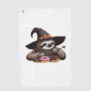 Funny Sloth in Witch Hat Enjoying Donuts - Cute Ha Golf Towel