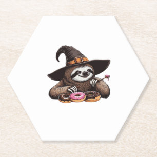 Funny Sloth in Witch Hat Enjoying Donuts - Cute Ha Paper Coaster