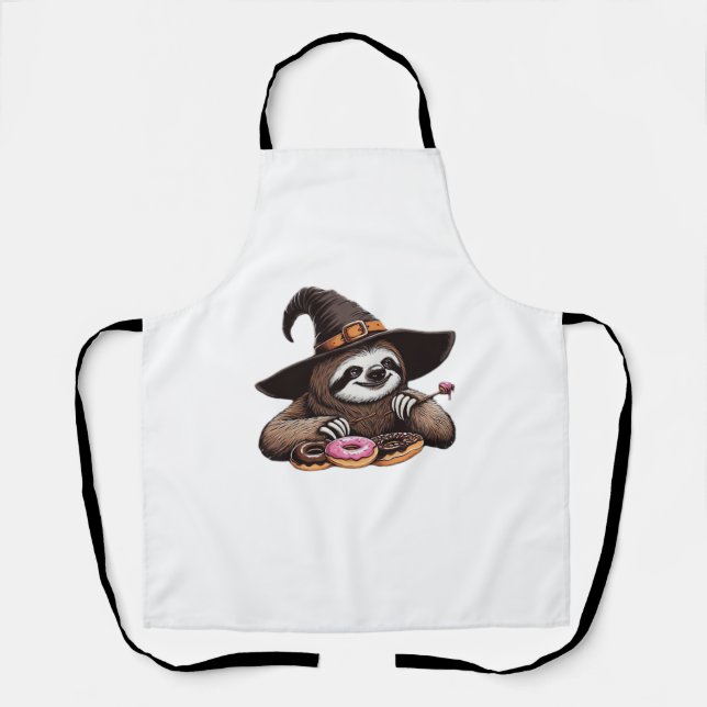 Funny Sloth in Witch Hat Enjoying Doughnuts - Cute Apron (Front)