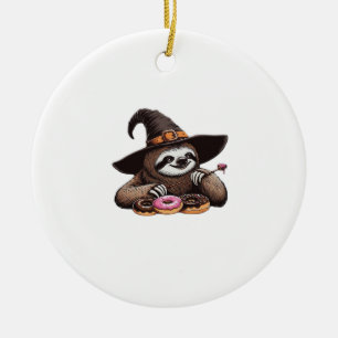 Funny Sloth in Witch Hat Enjoying Doughnuts - Cute Ceramic Ornament