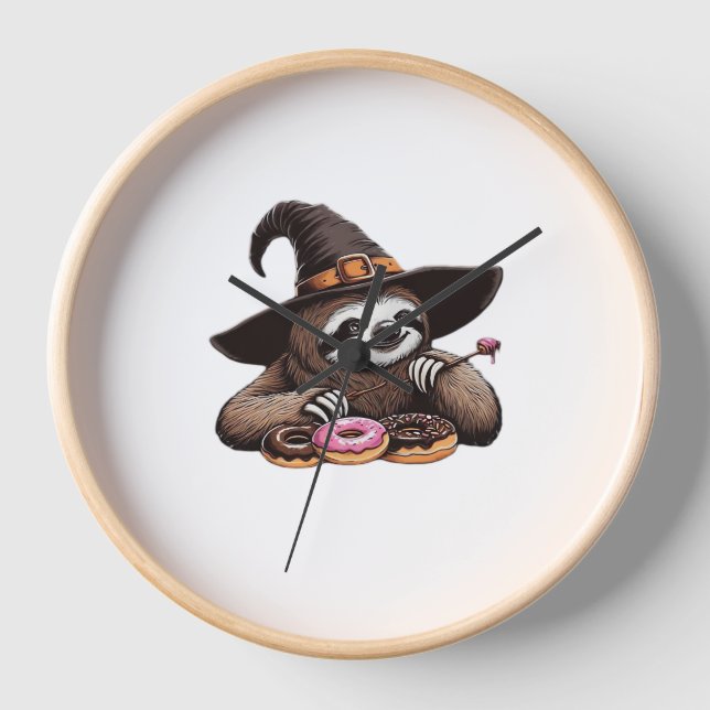 Funny Sloth in Witch Hat Enjoying Doughnuts - Cute Clock (Front)