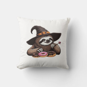 Funny Sloth in Witch Hat Enjoying Doughnuts - Cute Cushion
