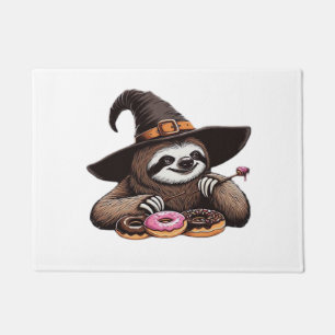 Funny Sloth in Witch Hat Enjoying Doughnuts - Cute Doormat
