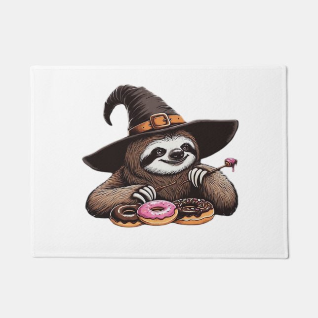 Funny Sloth in Witch Hat Enjoying Doughnuts - Cute Doormat (Front)