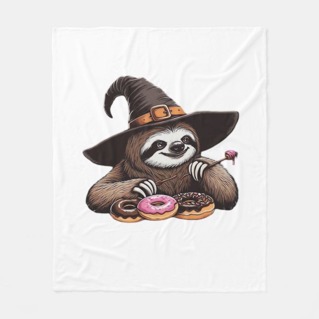 Funny Sloth in Witch Hat Enjoying Doughnuts - Cute Fleece Blanket (Front)