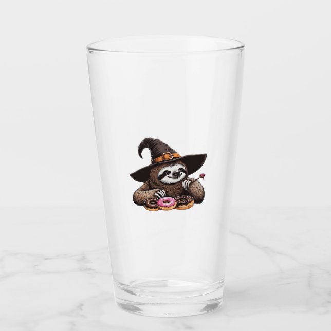Funny Sloth in Witch Hat Enjoying Doughnuts - Cute Glass (Front)