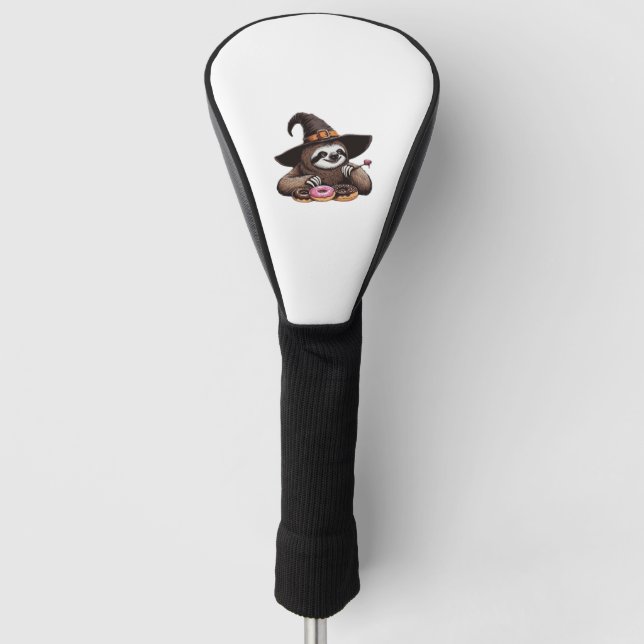 Funny Sloth in Witch Hat Enjoying Doughnuts - Cute Golf Head Cover (Front)