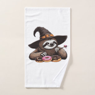 Funny Sloth in Witch Hat Enjoying Doughnuts - Cute Hand Towel
