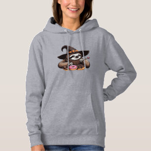 Funny Sloth in Witch Hat Enjoying Doughnuts - Cute Hoodie