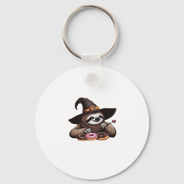 Funny Sloth in Witch Hat Enjoying Doughnuts - Cute Key Ring (Front)