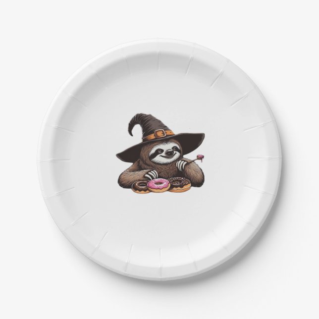 Funny Sloth in Witch Hat Enjoying Doughnuts - Cute Paper Plate (Front)