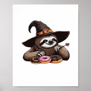 Funny Sloth in Witch Hat Enjoying Doughnuts - Cute Poster