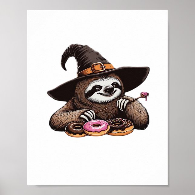 Funny Sloth in Witch Hat Enjoying Doughnuts - Cute Poster (Front)