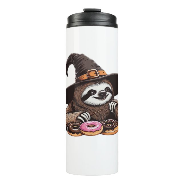 Funny Sloth in Witch Hat Enjoying Doughnuts - Cute Thermal Tumbler (Front)