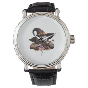 Funny Sloth in Witch Hat Enjoying Doughnuts - Cute Watch