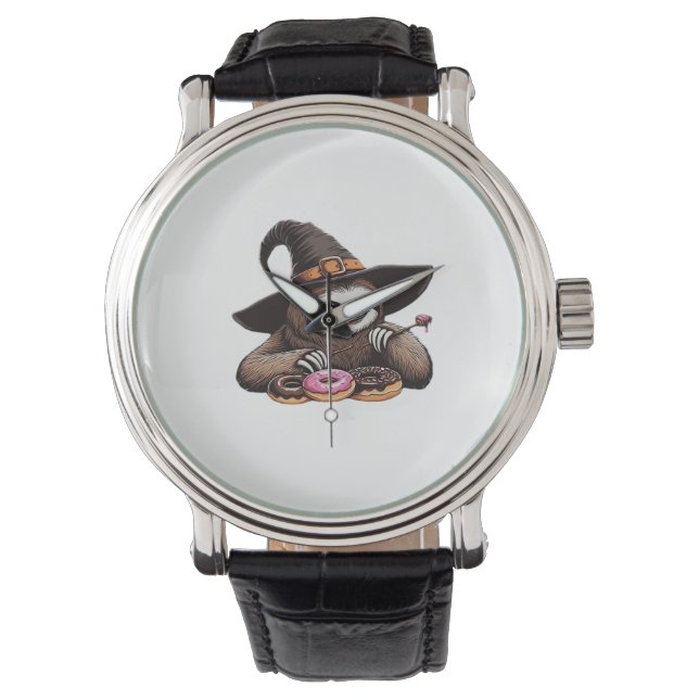 Funny Sloth in Witch Hat Enjoying Doughnuts - Cute Watch (Front)