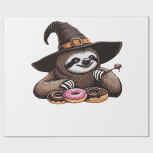 Funny Sloth in Witch Hat Enjoying Doughnuts - Cute Wrapping Paper