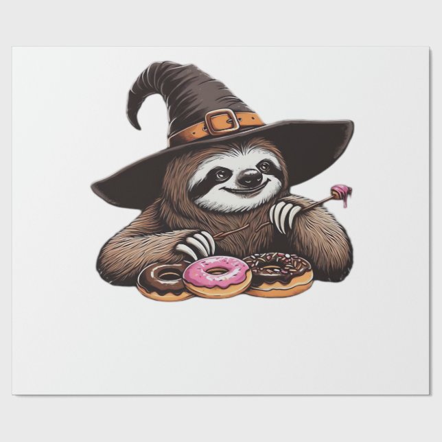 Funny Sloth in Witch Hat Enjoying Doughnuts - Cute Wrapping Paper (Flat)