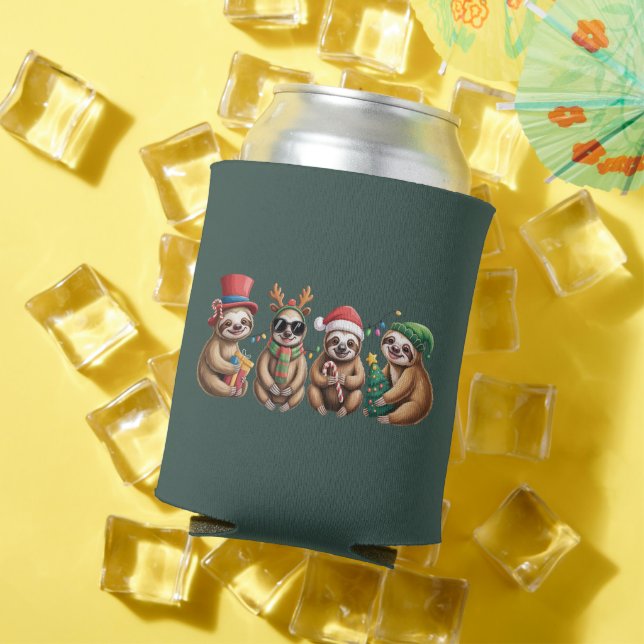 Funny Sloth Lover Christmas Lights Merry Slothmas  Can Cooler (In Situ Summer)