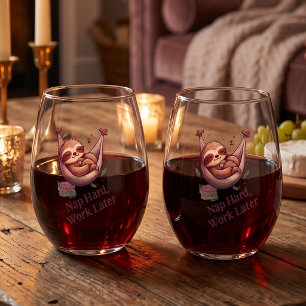 Funny Sloth "Nap Hard, Work Later" Set of 2  Stemless Wine Glass