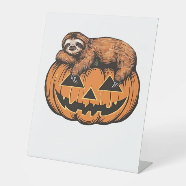 Funny Sloth on Halloween Pumpkin Essential T-Shirt Pedestal Sign (Front)