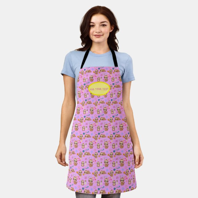 Funny Sloth Pink Pattern Hearts | Add Your Text Apron (Worn)
